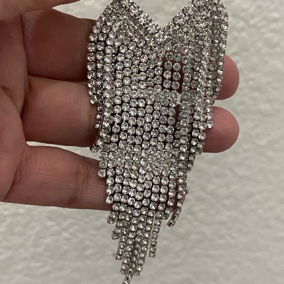 Unsigned Silver-tone Heart Fringe Tassel Bling Rhinestones Drop Earrings 25g. - Picture 11 of 13